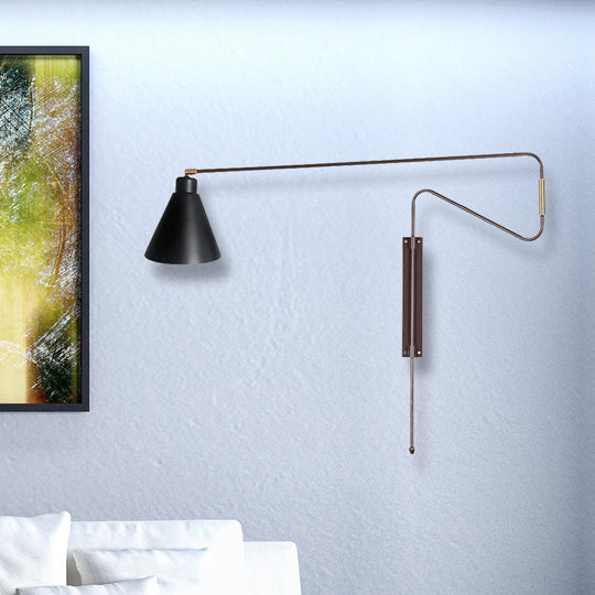 Metal Wall Lamp With Long Curved Arm & Rotatable Cone Shade - Antique Coffee/Black/Gold Finish Ideal