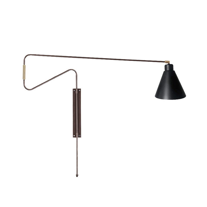 Metal Wall Lamp With Long Curved Arm & Rotatable Cone Shade - Antique Coffee/Black/Gold Finish Ideal