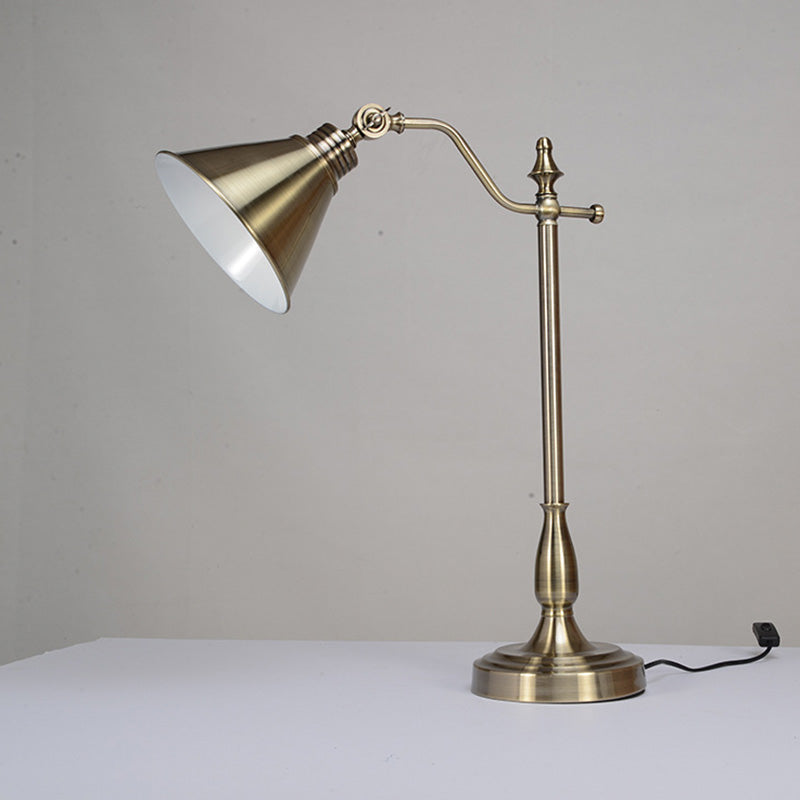 Farmhouse Gold Finish Led Desk Light With Conical Metallic Design - Night Table Lamp Plug-In Cord