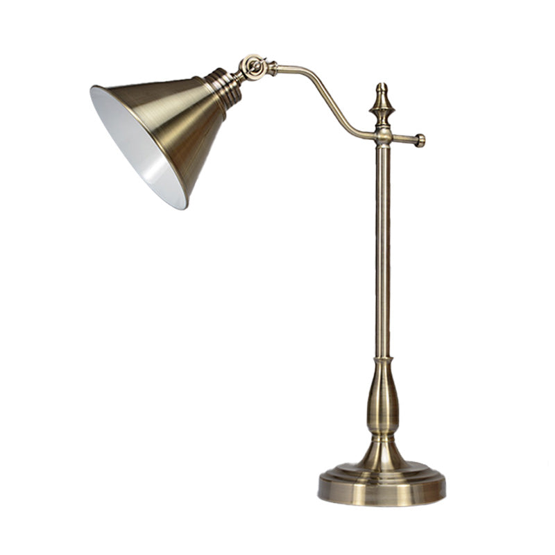 Farmhouse Gold Finish Led Desk Light With Conical Metallic Design - Night Table Lamp Plug-In Cord