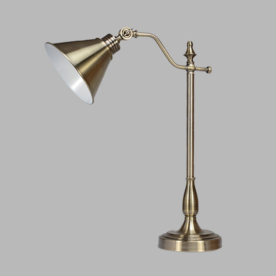 Farmhouse Gold Finish Led Desk Light With Conical Metallic Design - Night Table Lamp Plug-In Cord