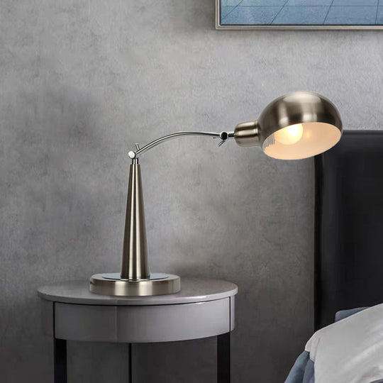 Adjustable Arm Dome Shade Reading Light In Black/Silver: Industrial Metal Plug-In Table Lamp Silver