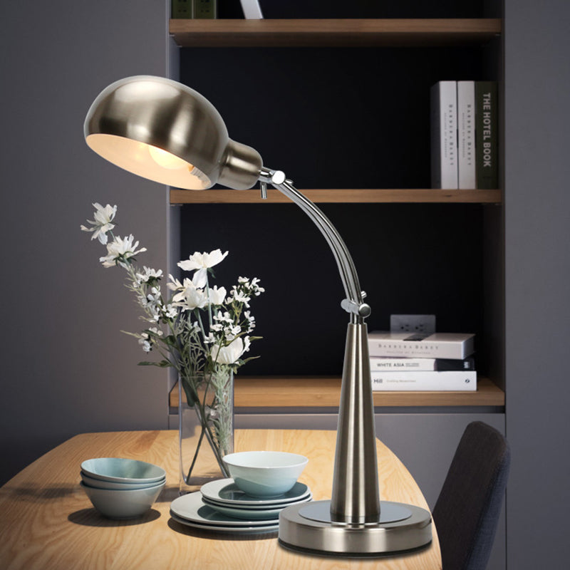 Adjustable Arm Dome Shade Reading Light In Black/Silver: Industrial Metal Plug-In Table Lamp