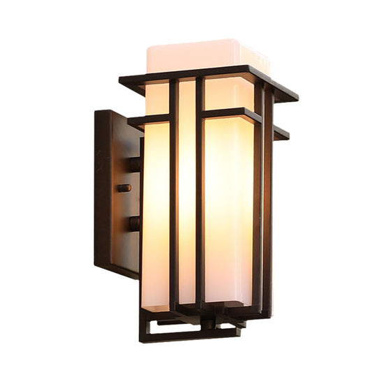 Country Style White Glass Wall Sconce With Black Metal Frame - 1 Head Outdoor Mount Light