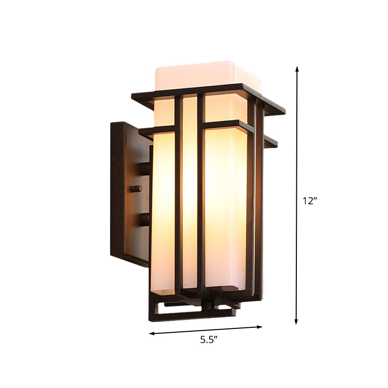 Country Style White Glass Wall Sconce With Black Metal Frame - 1 Head Outdoor Mount Light