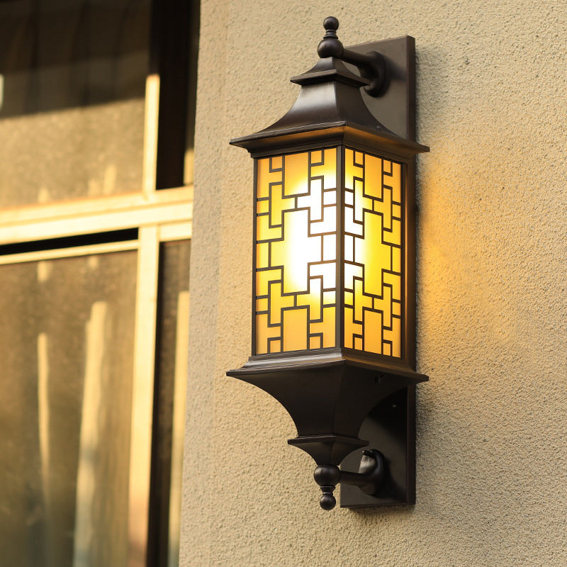 Rustic Cuboid Amber Glass Wall Mount Sconce With Double Arm - Brown Finish 1-Light