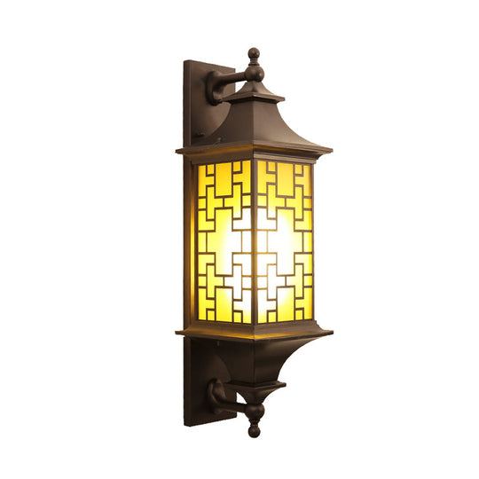 Rustic Cuboid Amber Glass Wall Mount Sconce With Double Arm - Brown Finish 1-Light