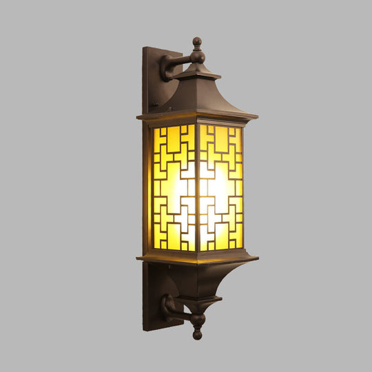 Rustic Cuboid Amber Glass Wall Mount Sconce With Double Arm - Brown Finish 1-Light