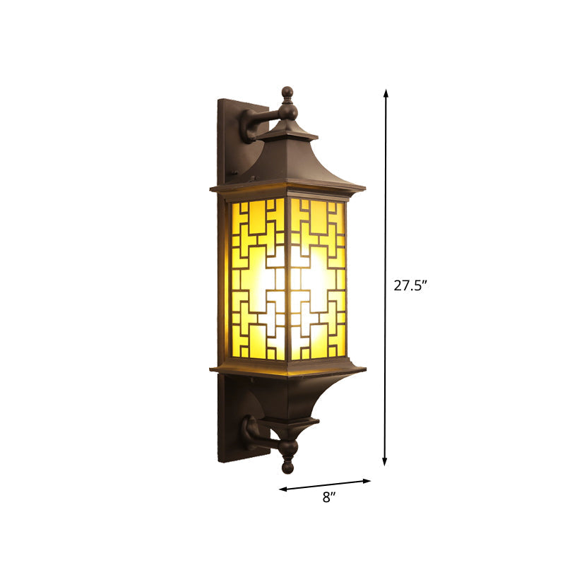 Rustic Cuboid Amber Glass Wall Mount Sconce With Double Arm - Brown Finish 1-Light