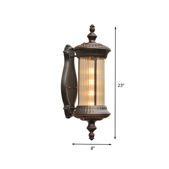 Country-Style Black Wall Sconce Lamp With Clear Ribbed Glass Cylinder Light