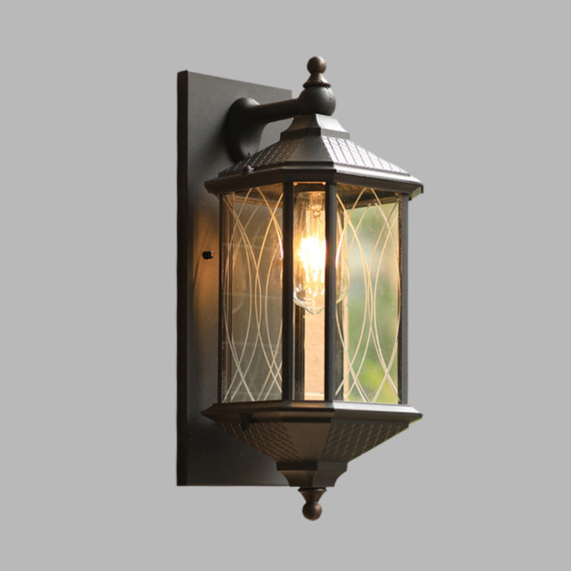 Country Style Aluminum Outdoor Wall Sconce Lamp - Rectangular Shape Coffee Finish Clear Textured