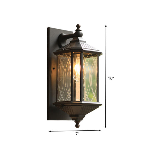 Country Style Aluminum Outdoor Wall Sconce Lamp - Rectangular Shape Coffee Finish Clear Textured