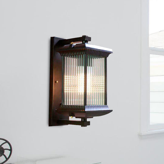 Rustic Dark Coffee Cuboid Sconce Lamp Wall Mounted With Clear Ribbed Glass - 1 Bulb 9/10 Wide / 10