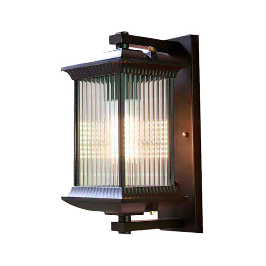 Rustic Dark Coffee Cuboid Sconce Lamp Wall Mounted With Clear Ribbed Glass - 1 Bulb 9/10 Wide