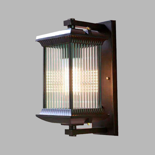 Rustic Dark Coffee Cuboid Sconce Lamp Wall Mounted With Clear Ribbed Glass - 1 Bulb 9/10 Wide