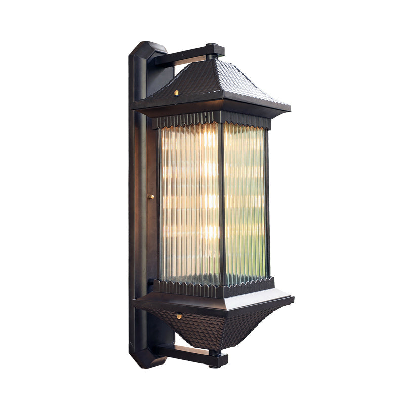 Rustic Dark Coffee Cuboid Sconce Lamp Wall Mounted With Clear Ribbed Glass - 1 Bulb 9/10 Wide