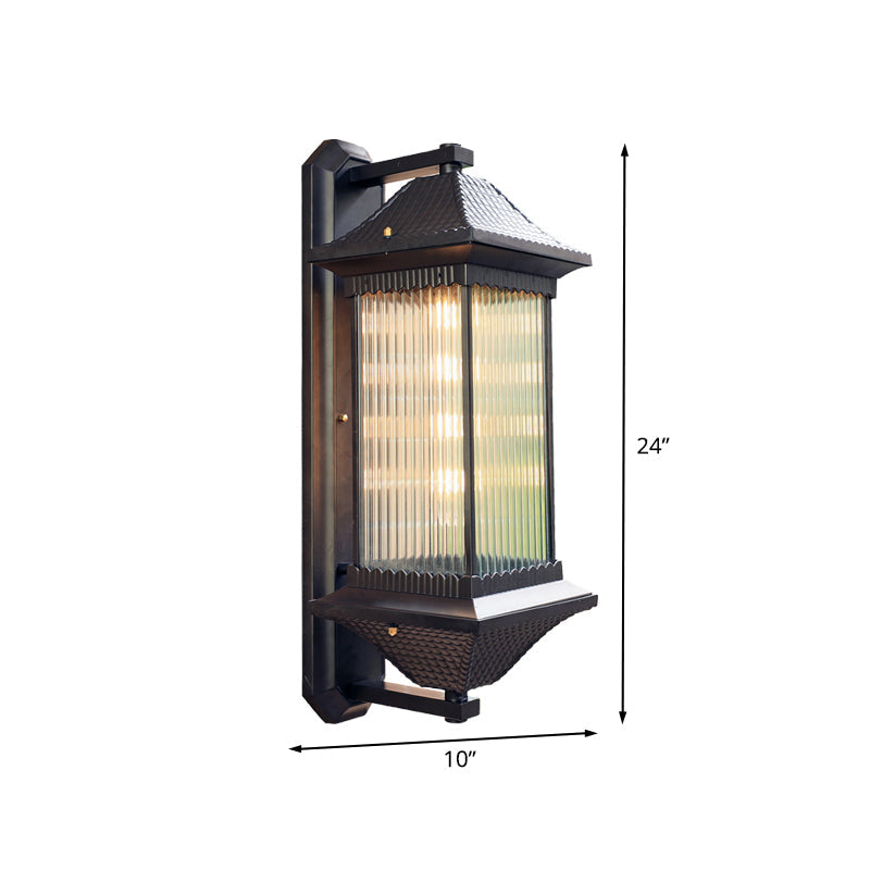 Rustic Dark Coffee Cuboid Sconce Lamp Wall Mounted With Clear Ribbed Glass - 1 Bulb 9/10 Wide