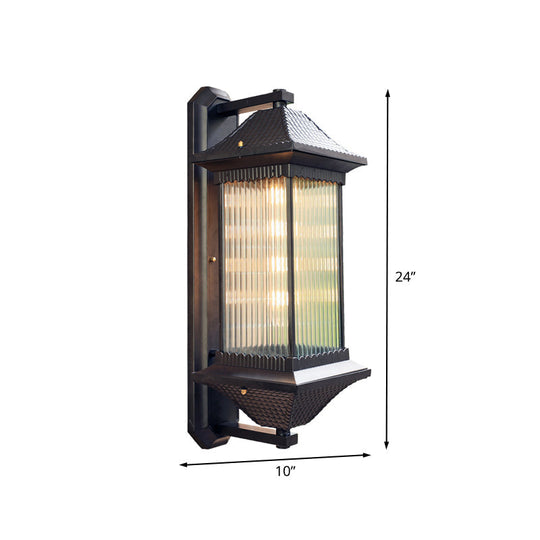 Rustic Dark Coffee Cuboid Sconce Lamp Wall Mounted With Clear Ribbed Glass - 1 Bulb 9/10 Wide