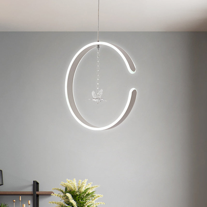 Minimalist Led Pendant Lamp: Acrylic Ring Ceiling Light With Bird Crystal Decor In White/Black