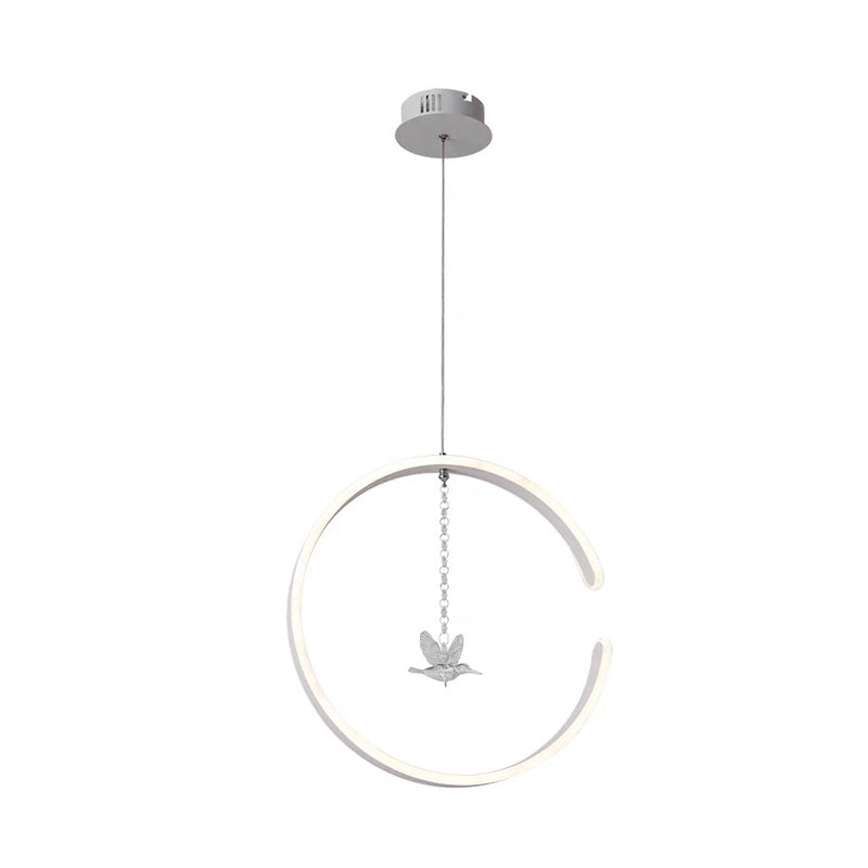 Minimalist Led Pendant Lamp: Acrylic Ring Ceiling Light With Bird Crystal Decor In White/Black