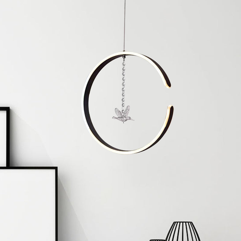 Minimalist Led Pendant Lamp: Acrylic Ring Ceiling Light With Bird Crystal Decor In White/Black