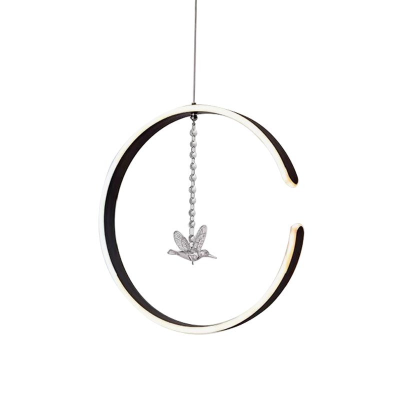 Minimalist Led Pendant Lamp: Acrylic Ring Ceiling Light With Bird Crystal Decor In White/Black