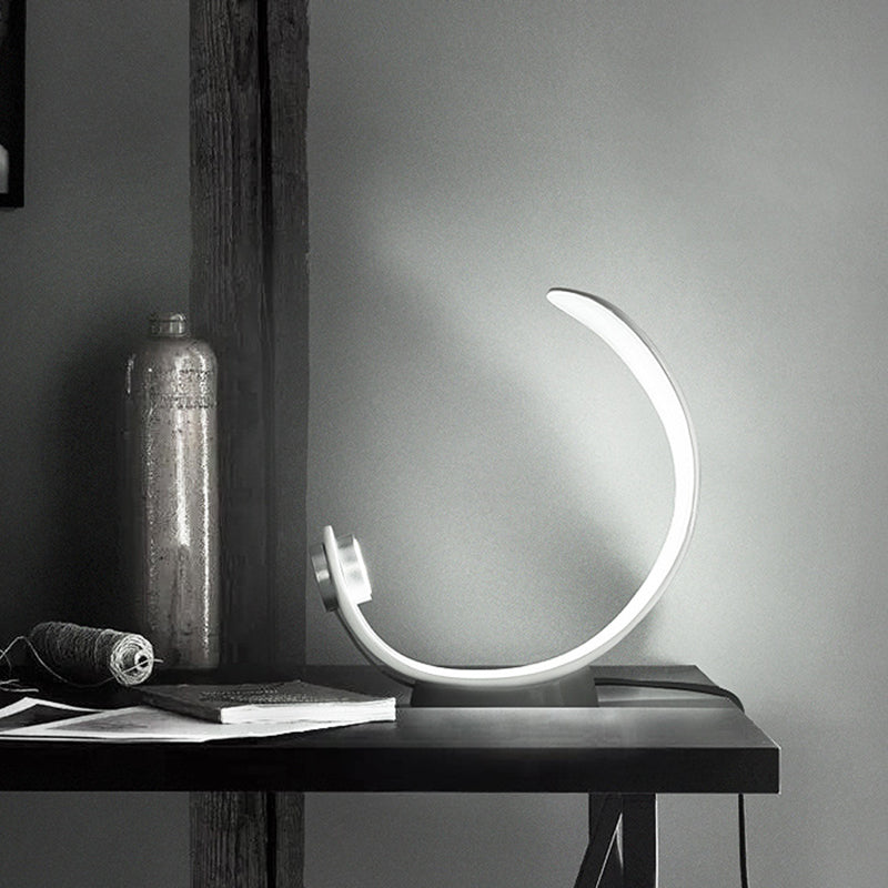 Minimalist Moon Shape Led Metallic Table Lamp With White Finish For Bedside Lighting