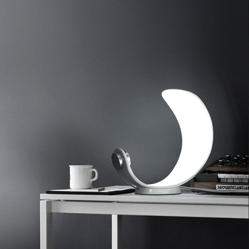 Minimalist Moon Shape Led Metallic Table Lamp With White Finish For Bedside Lighting