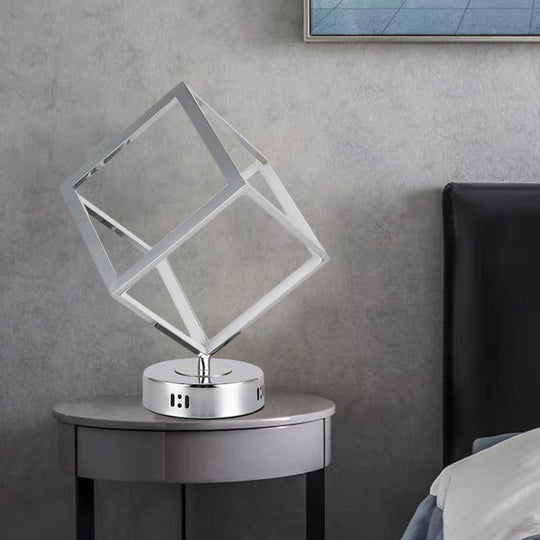 Minimalist Metal Led Bedside Lamp With Chrome Finish - Cubic Frame Round Base