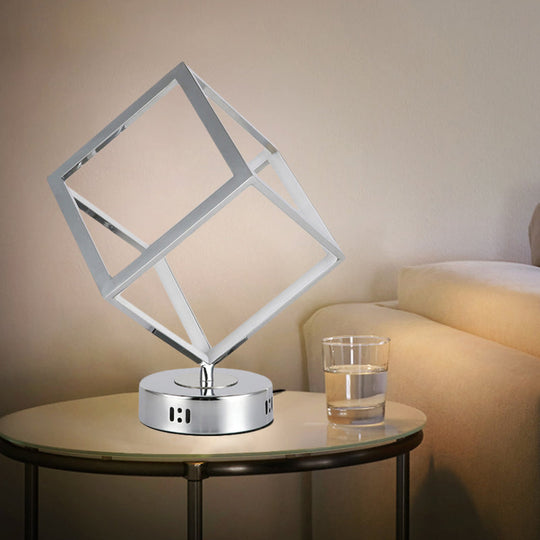 Minimalist Metal Led Bedside Lamp With Chrome Finish - Cubic Frame Round Base