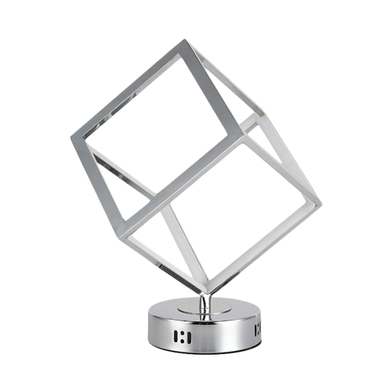 Minimalist Metal Led Bedside Lamp With Chrome Finish - Cubic Frame Round Base