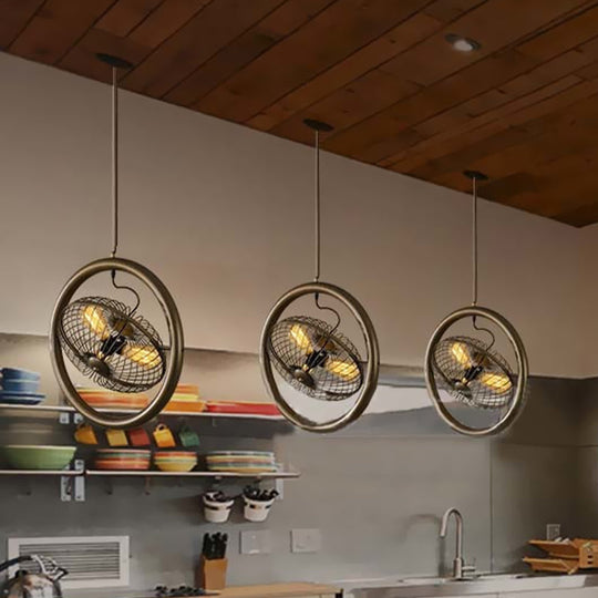 Farmhouse Kitchen Hanging Lamp with Brass/Black Finish - Circle Cage Metal Fixture, 3 Lights & Fan Design