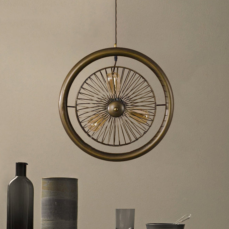 Farmhouse Style Circle Cage Light Fixture With Fan Design Brass/Black Finish 3 Lights For Kitchen