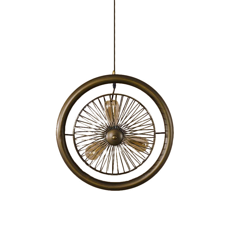 Farmhouse Kitchen Hanging Lamp with Brass/Black Finish - Circle Cage Metal Fixture, 3 Lights & Fan Design