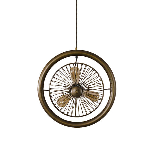 Farmhouse Kitchen Hanging Lamp with Brass/Black Finish - Circle Cage Metal Fixture, 3 Lights & Fan Design