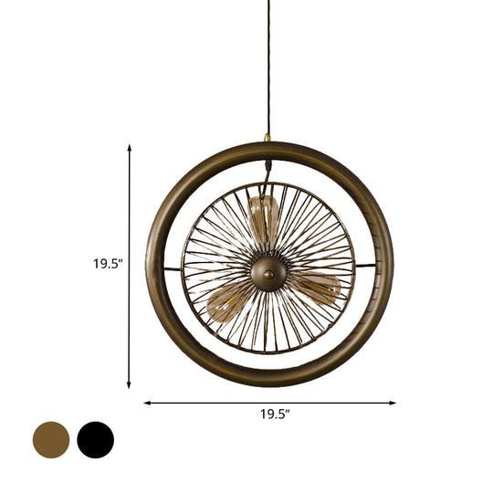 Farmhouse Kitchen Hanging Lamp with Brass/Black Finish - Circle Cage Metal Fixture, 3 Lights & Fan Design