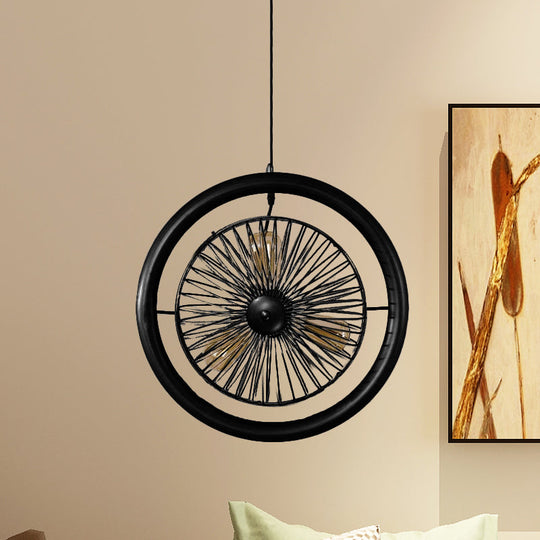 Farmhouse Kitchen Hanging Lamp with Brass/Black Finish - Circle Cage Metal Fixture, 3 Lights & Fan Design