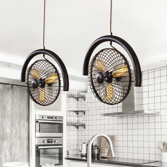 Farmhouse Style Circle Cage Light Fixture With Fan Design Brass/Black Finish 3 Lights For Kitchen