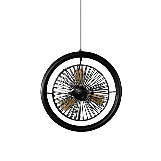 Farmhouse Kitchen Hanging Lamp with Brass/Black Finish - Circle Cage Metal Fixture, 3 Lights & Fan Design