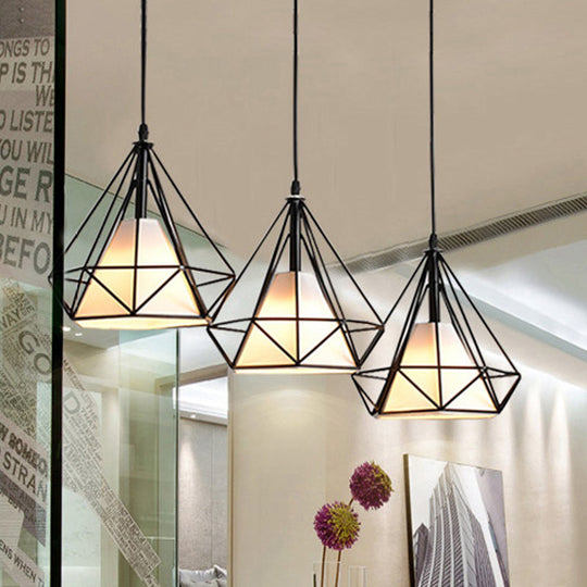 Industrial Black Pendant Light With Diamond Cage Shade For Dining Room / Linear Canopy