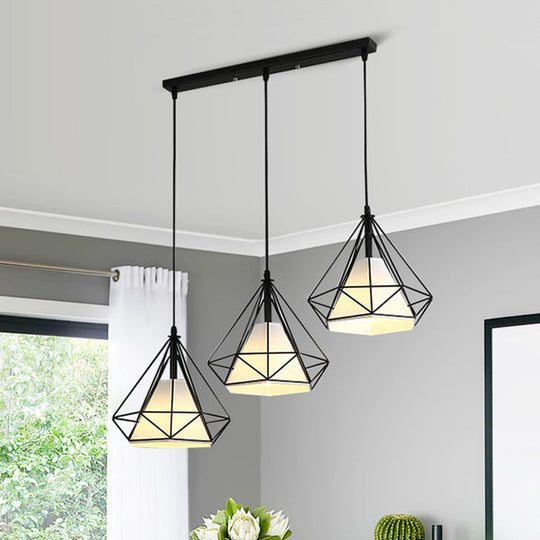 Industrial Black Pendant Light With Diamond Cage Shade For Dining Room