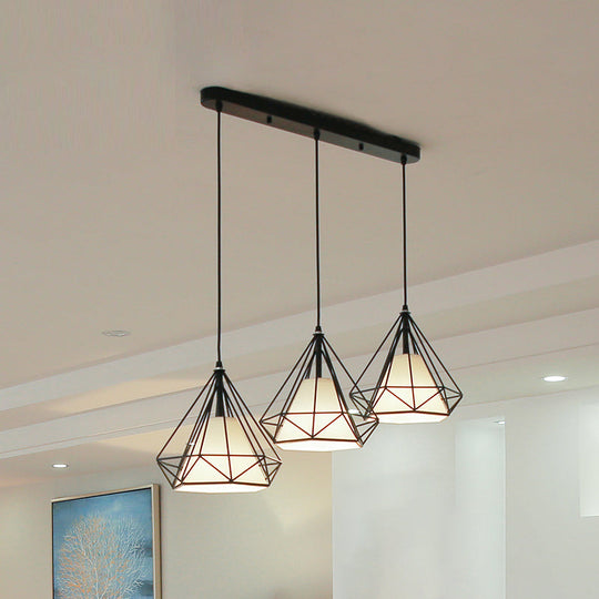 Industrial Black Pendant Light with Diamond Cage Shade - Hanging Ceiling Lamp for Dining Room - 3 Heads