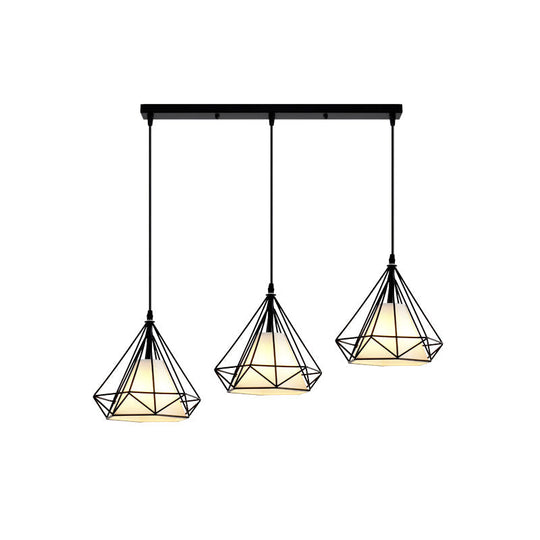 Industrial Black Pendant Light with Diamond Cage Shade - Hanging Ceiling Lamp for Dining Room - 3 Heads