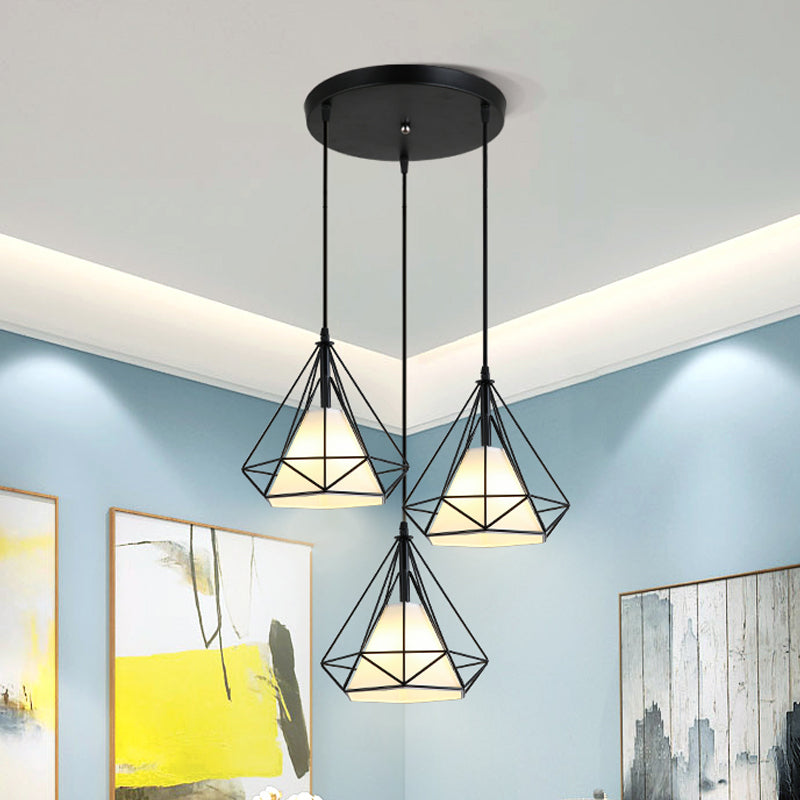 Industrial Black Pendant Light With Diamond Cage Shade For Dining Room / Round Canopy