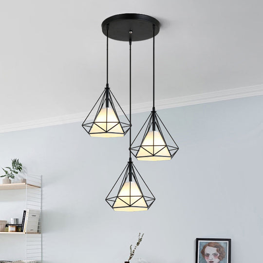 Industrial Black Pendant Light With Diamond Cage Shade For Dining Room