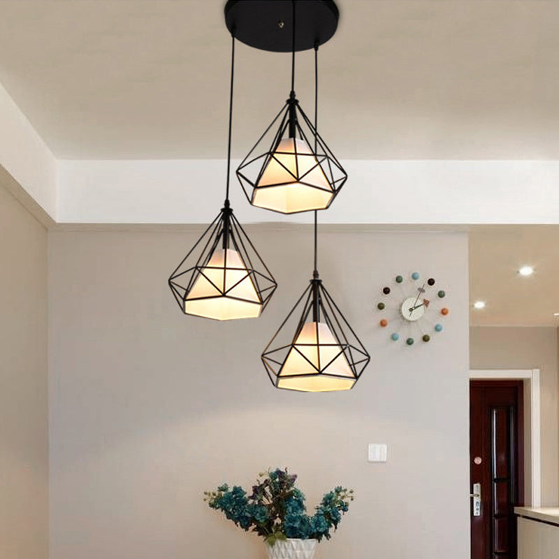 Industrial Black Pendant Light with Diamond Cage Shade - Hanging Ceiling Lamp for Dining Room - 3 Heads