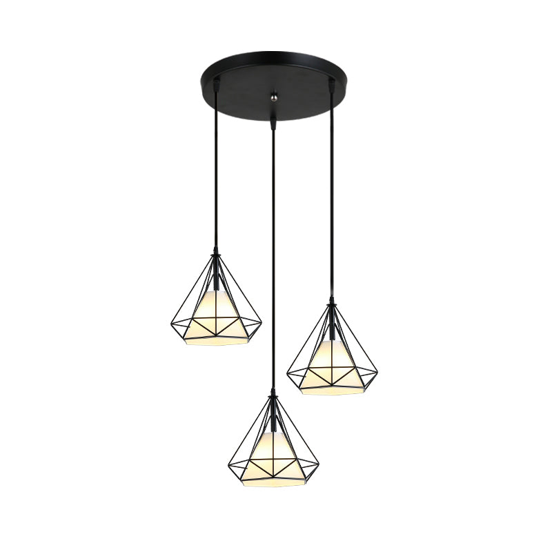 Industrial Black Pendant Light with Diamond Cage Shade - Hanging Ceiling Lamp for Dining Room - 3 Heads