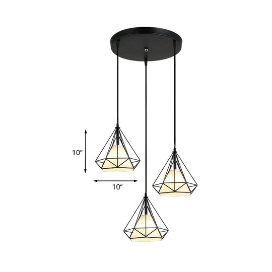 Industrial Black Pendant Light with Diamond Cage Shade - Hanging Ceiling Lamp for Dining Room - 3 Heads