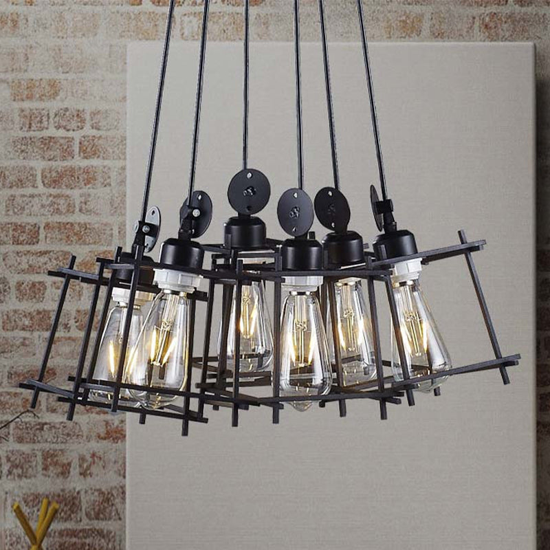 Retro Metallic Black Cluster Pendant Light Farmhouse Ceiling Fixture With Cage Shade (6 Lights)