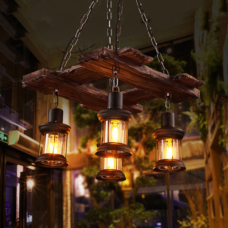 Rustic Industrial 4-Light Kerosene Chandelier Pendant For Coffee Shops - Clear Glass Chain-Linked